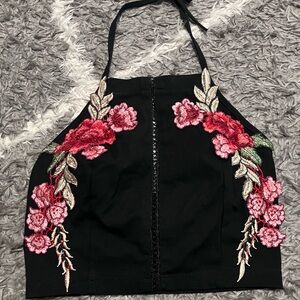 Black Halter Crop Top with Pink Floral Embroidery